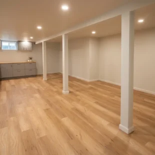Wide open-concept finished basement featuring newly installed light oak luxury vinyl plank flooring, structural support pillars, recessed ceiling lighting, and a kitchenette in the background by Interstate Flooring on N Halleck St in Portland