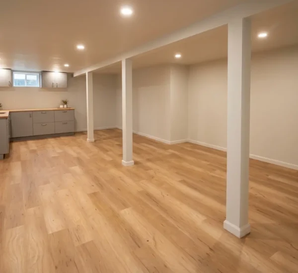 basement-flooring-installation-open-living-area-n-halleck-portland Wide open-concept finished basement featuring newly installed light oak luxury vinyl plank flooring, structural support pillars, recessed ceiling lighting, and a kitchenette in the background by Interstate Flooring on N Halleck St in Portland
