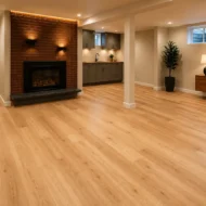 finished-basement-flooring-installation-open-concept. Finished open-concept basement showcasing light oak luxury vinyl plank flooring Portland installed by Interstate Flooring in a warmly lit living area with a brick fireplace