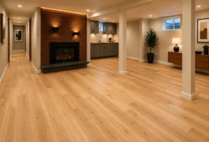 finished-basement-flooring-installation-open-concept. Warmly lit, spacious finished basement featuring light wood-grain flooring, a brick fireplace, support pillars, and a modern grey kitchenette