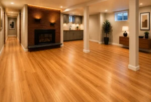 finished-basement-flooring-installation-open-concept Warmly lit, spacious finished basement featuring light wood-grain flooring, a brick fireplace, support pillars, and a modern grey kitchenette