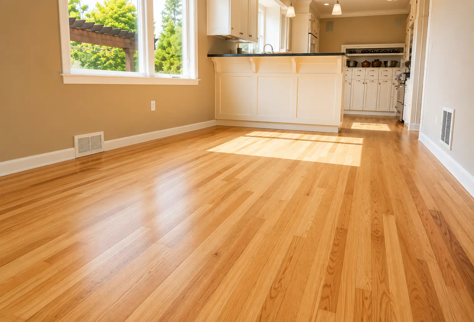 hardwood-floor-refinishing-dining-kitchen-sw-ridgewood-ave-portland Wide view of a freshly refinished natural oak hardwood floor in a sunlit dining area leading to a kitchen counter by Interstate Flooring on SW Ridgewood Ave in Portland, showcasing a smooth, clear satin finish under natural window light