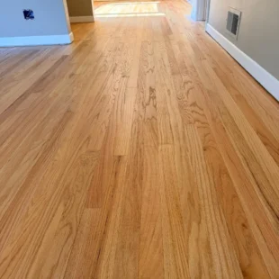 Refinished red oak hardwood flooring in a residential hallway leading toward a bright kitchen by Interstate Flooring on SW Ridgewood Ave in Portland, showcasing fine wood grain detail, smooth satin finish, and clean white baseboards.