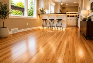 hardwood-floor-refinishing-kitchen-dining-room Bright open-concept kitchen and dining area featuring freshly refinished oak hardwood floors with a smooth natural sheen, illuminated kitchen island bar stools, and warm ambient lighting