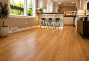 hardwood-floor-refinishing-kitchen-dining-room. Bright open-concept kitchen and dining area featuring freshly refinished oak hardwood floors with a smooth natural sheen, illuminated kitchen island bar stools, and warm ambient lighting