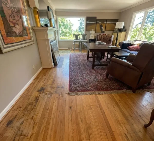hardwood-floor-refinishing-living-room-before-sw-ridgewood-ave-portland Before photo of a living room hardwood floor refinishing project on SW Ridgewood Ave in Portland, showing heavily worn oak wood flooring with dark water stains and scratches next to a fireplace and area rug