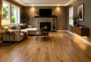 hardwood-flooring-installation-living-room-stone-fireplace Warmly lit, modern living room featuring rich hardwood flooring, a stone fireplace with a glowing fire, sectional couch, and warm cove ceiling lighting installed by Interstate Flooring