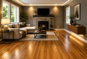 hardwood-flooring-installation-living-room-stone-fireplace Warmly lit, modern living room featuring rich hardwood flooring, a stone fireplace with a glowing fire, sectional couch, and warm cove ceiling lighting installed by Interstate Flooring