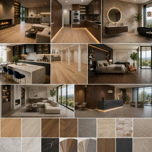 Collage showcasing diverse residential and commercial flooring products from Interstate Flooring, including hardwood, luxury vinyl plank, tile, stone, carpet, and material swatches