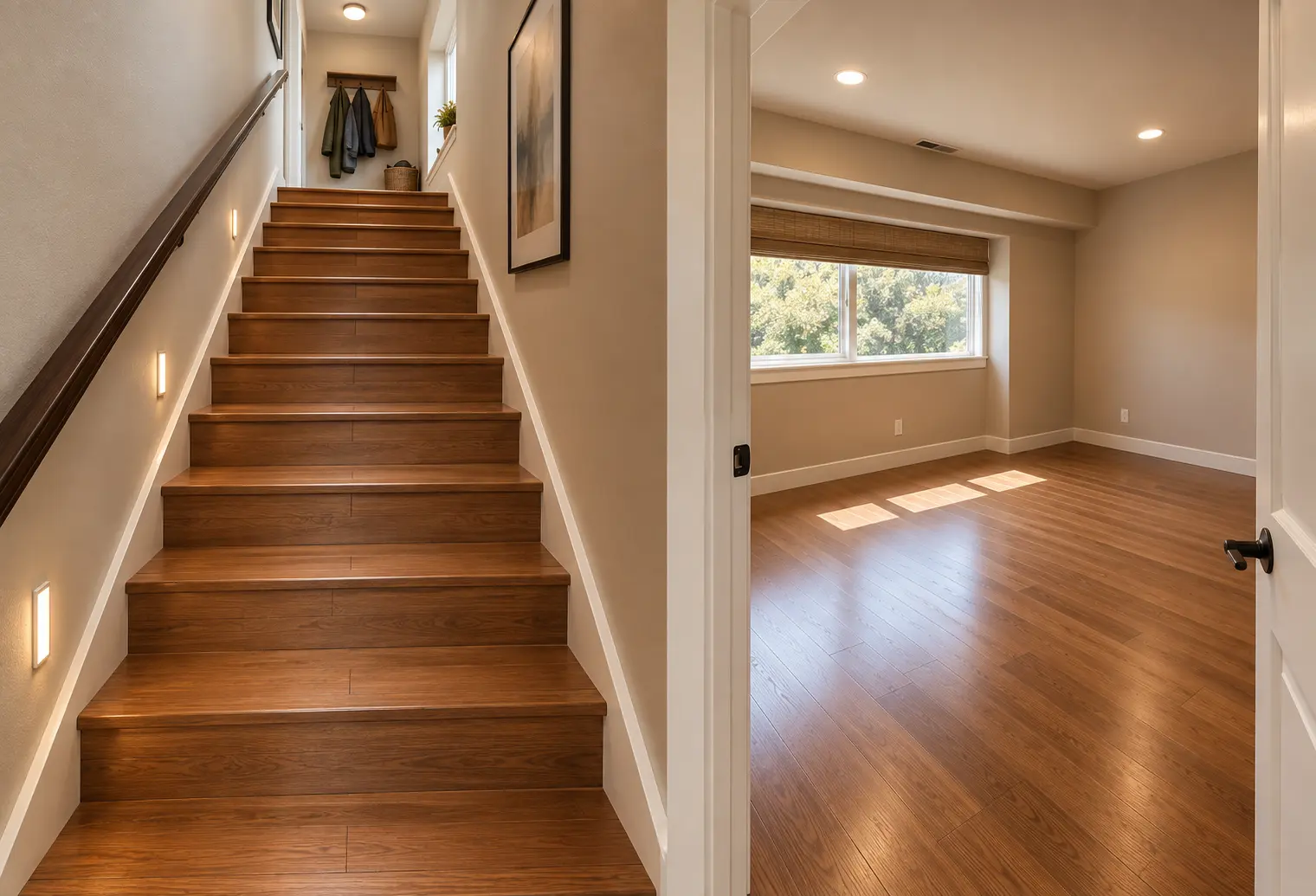 hardwood-stairs-and-flooring-installation-portland-or Wide entryway view showing completed hardwood staircase with matching wooden risers alongside an open room with warm oak hardwood flooring in Portland, Oregon